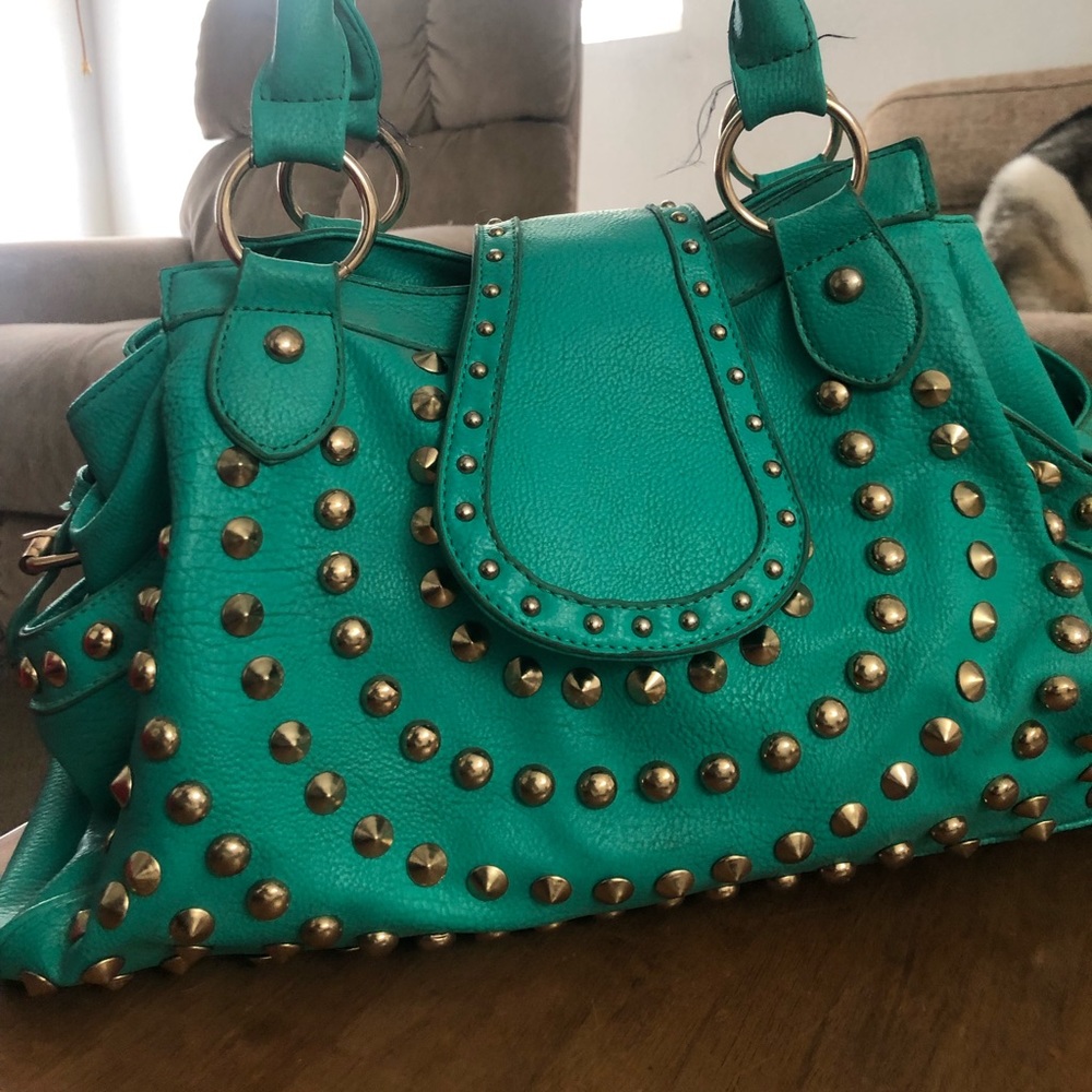 Green Studded Purse large with floral inside